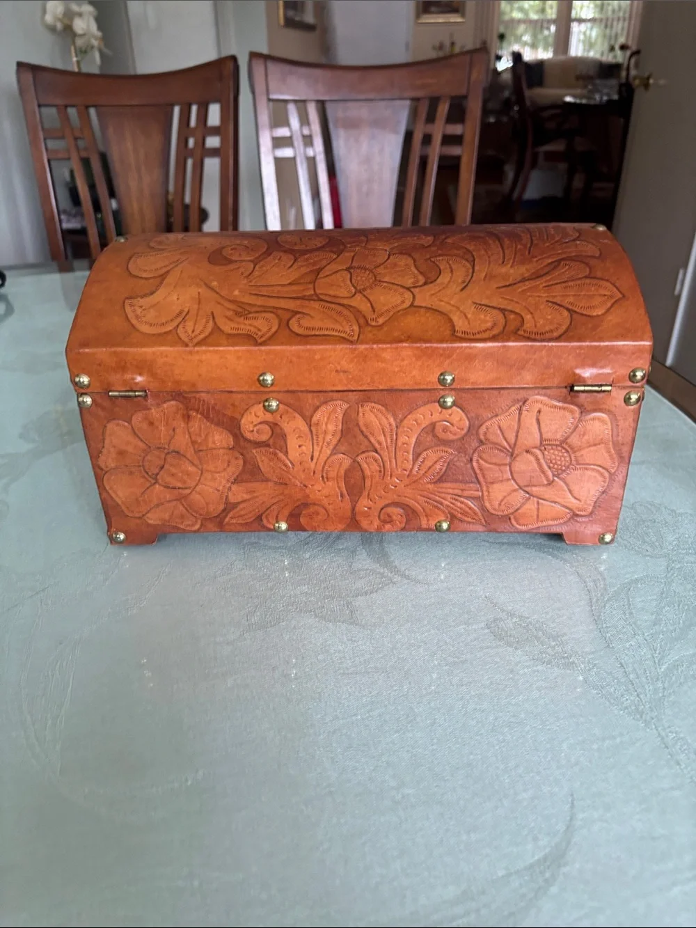 Floral Embossed Leather Jewelry Storage Box - Brown